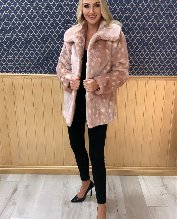 Pink polka dot faux fur coat