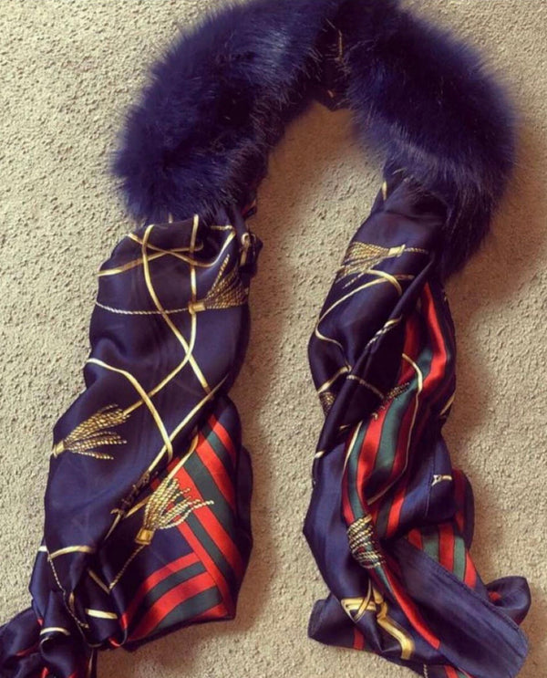 Isabella Scarf Navy with red scarf and navy faux fur