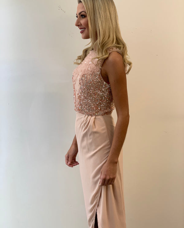 MSC model wearing Siobhan Dress, soft pink knee length dress, with beaded embellishment on the top- MSC the store